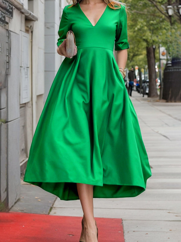 A-line Long Sleeves Pleated Pockets Color Zipper V-neck Midi Dresses