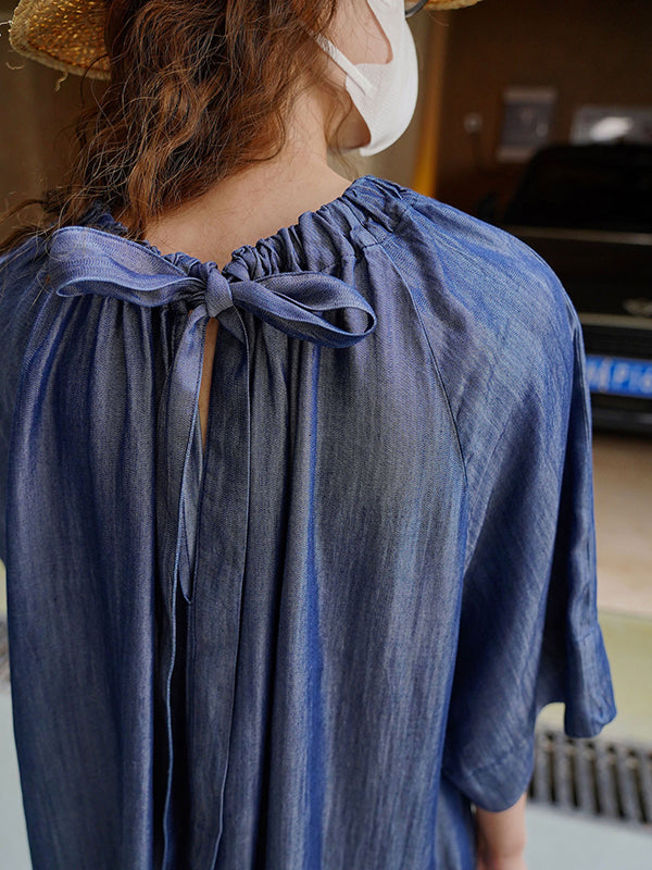 Loose Raglan Sleeve Drawstring Lace-up Pleated Color Round-neck Midi Dresses