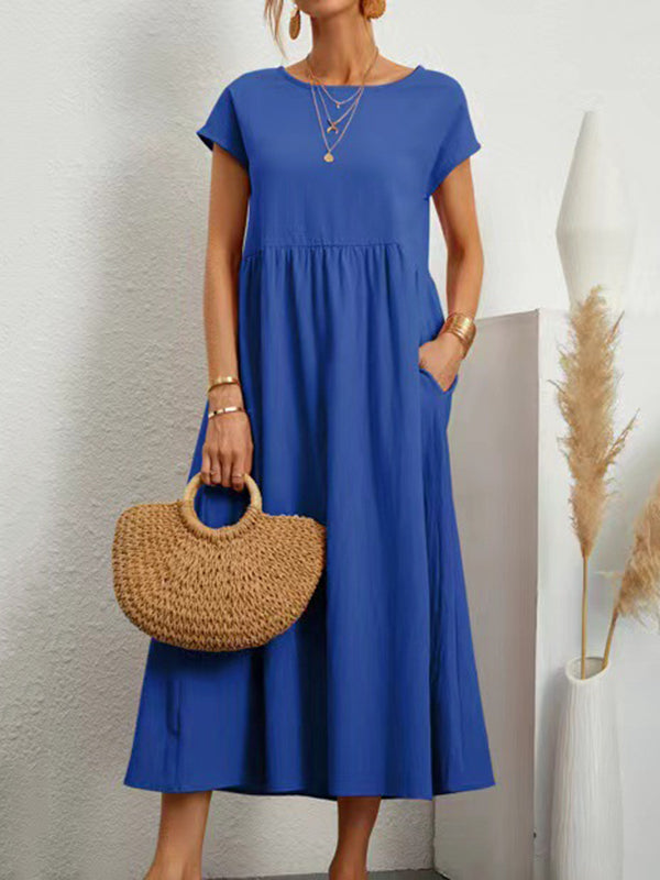 Loose Short Sleeves Pleated Color Round-neck Midi Dresses