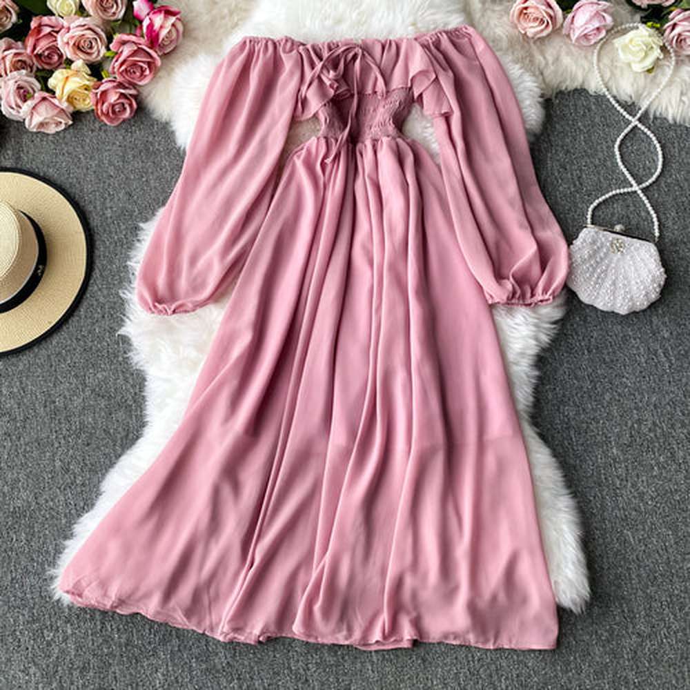 Red Off Shoulder With Ruffles Long Puff Sleeve Midi Dress Ar1019
