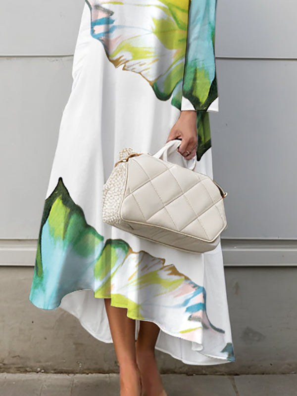 A-line High-low Asymmetric Flower Print Mock Neck Midi Dresses
