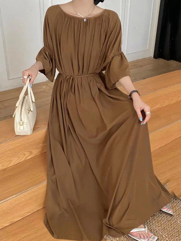 Half Sleeves Loose Color Round-neck Midi Dresses