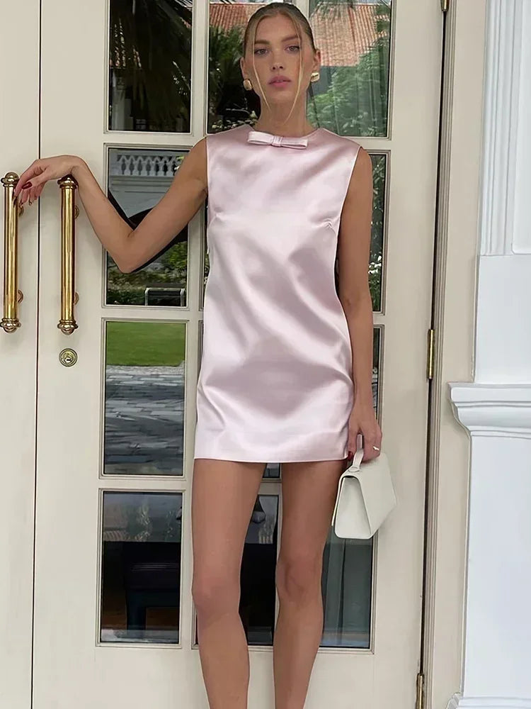 Satin Mini Dress for Backless Bow Clothes Sleeveless Tank Dresses Femme Party Evening Dress Woman
