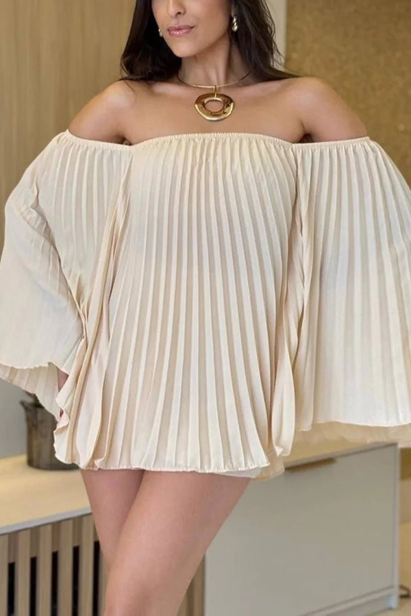 Off-the-shoulder Pleated Loose Top and Elastic Waist Shorts Set