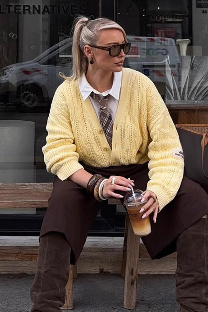 V-neck Color Single-row Button Long-sleeve Knit Cardigan