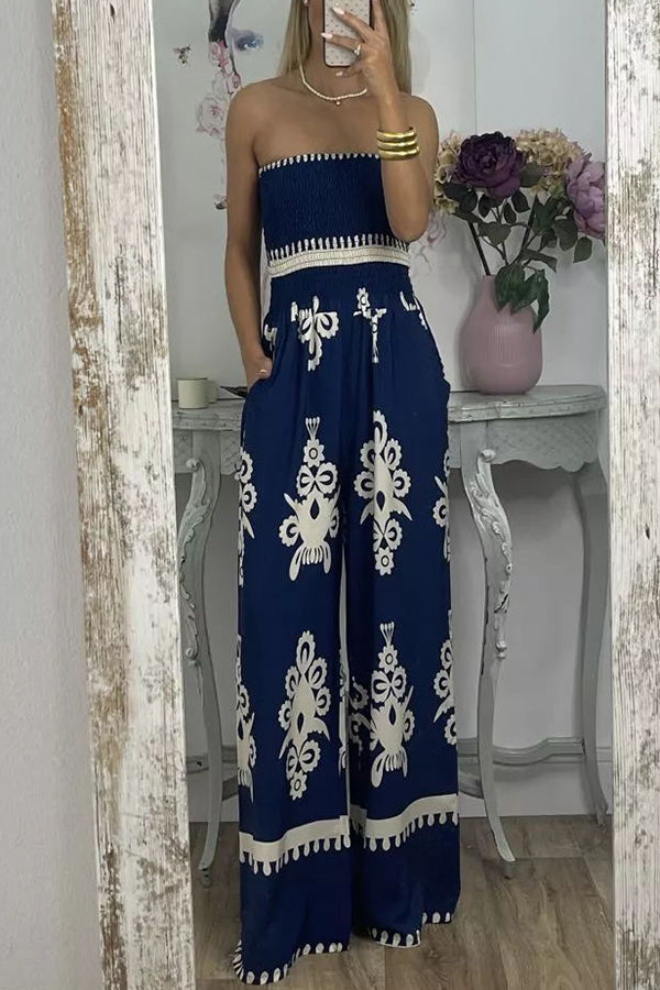 Larsen Print Off Shooulder Smocked Bust Pocketed Jumpsuit