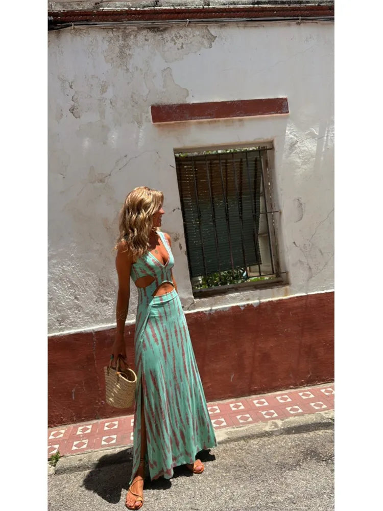 Print Slim Sleeveless Long Dresses V-neck Hollow Out Backless Bodycon Package Hip Slit Dress Vacation Vestido
