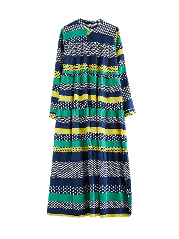 A-line Long Sleeves Buttoned Polka-dot Split-joint Round-neck Midi Dresses