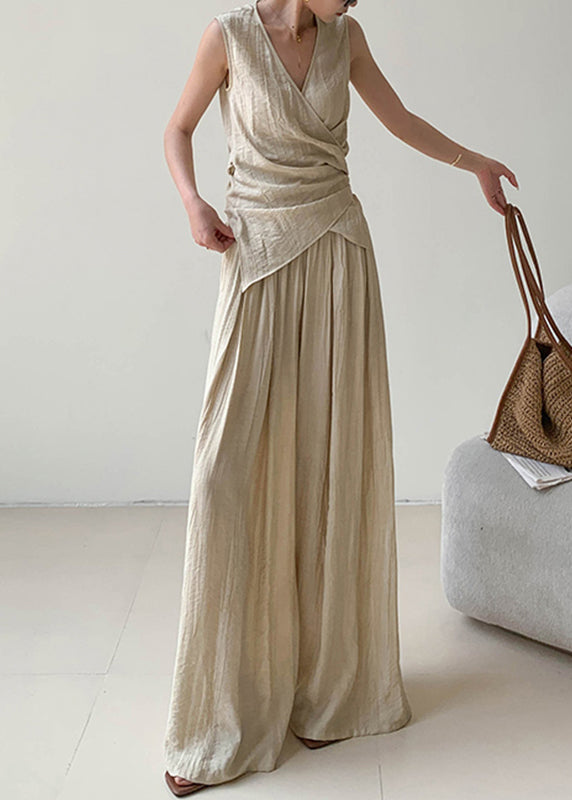 Boutique Apricot V Neck Wrinkled Linen Vest and Wide Leg Pants Two Pieces Set Summer An1025