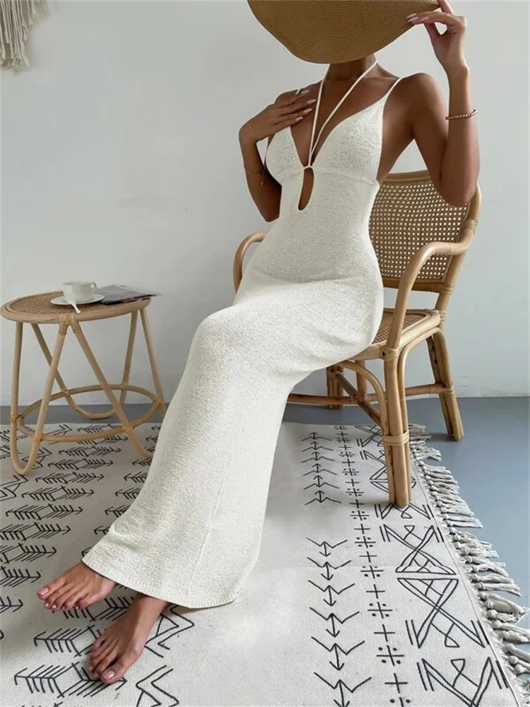 Bandage Backless Halter Dress – Lace-up V-neck Patchwork Long Dress for – See-through Party Dress