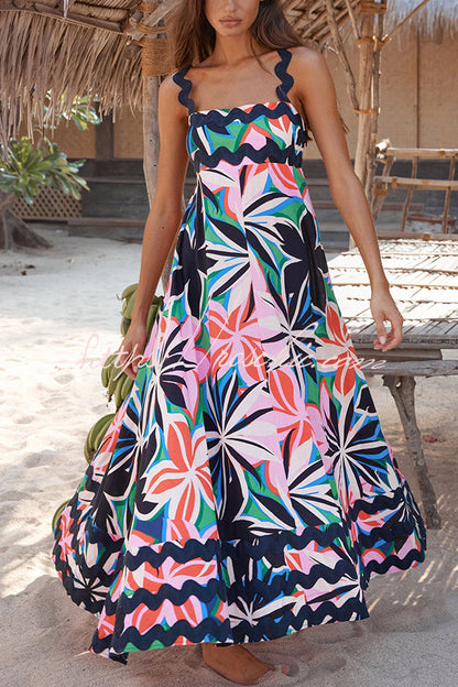 Vivi Print Wavy Suspender Side Zip Maxi Dress
