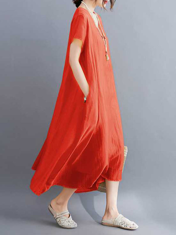 A-line Loose Color V-neck Midi Dresses