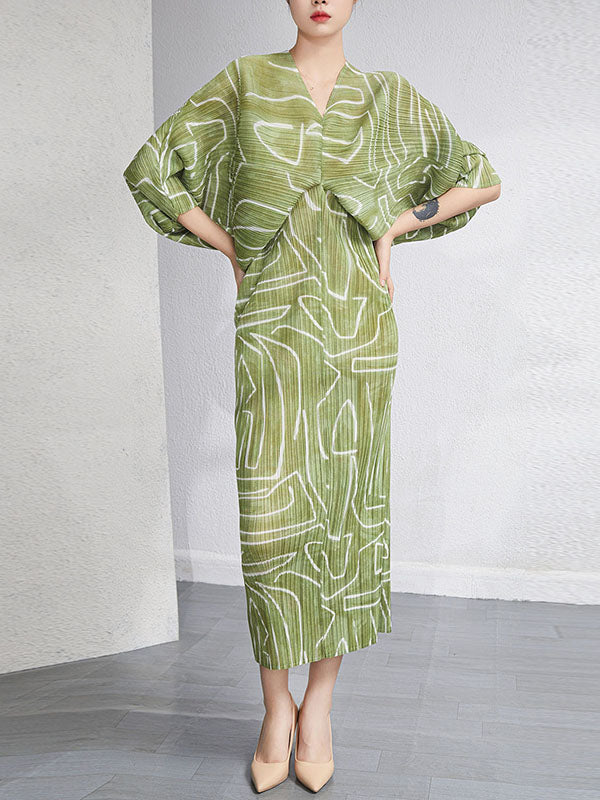 Urban Loose Batwing Sleeves Printed Pleated V-neck Midi Dresses