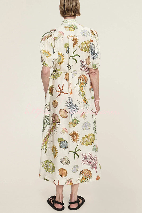 Beach Shell Print Puff Sleeve Tie-waist Midi Dress