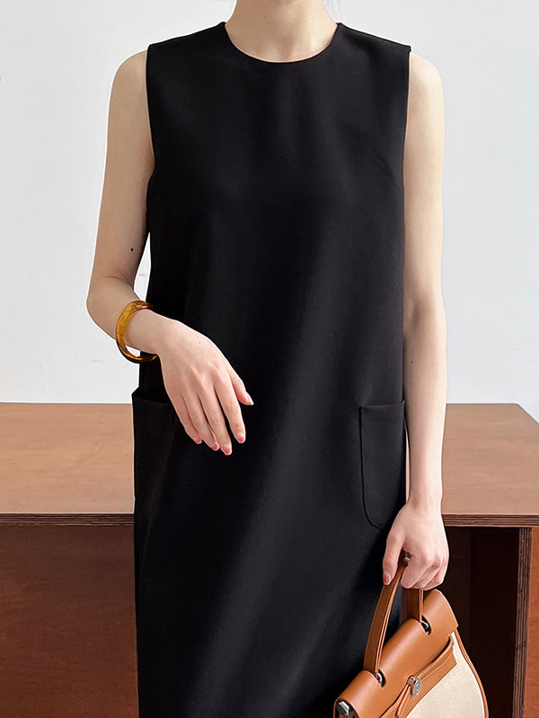 Loose Sleeveless Color Round-neck Midi Dresses