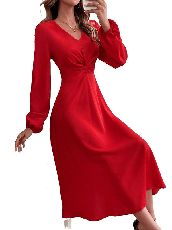 A-line High Waisted Pleated Color Zipper V-neck Midi Dresses