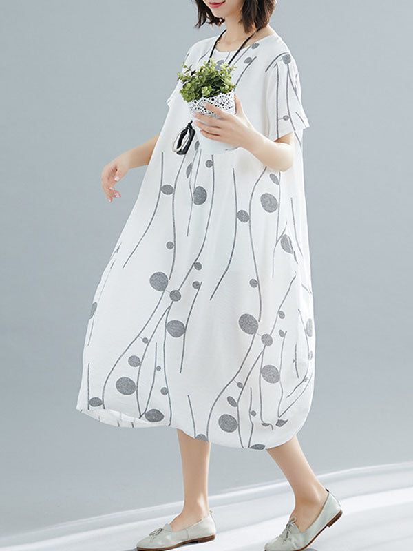Loose Short Sleeves Printed Round-neck Midi Dresses