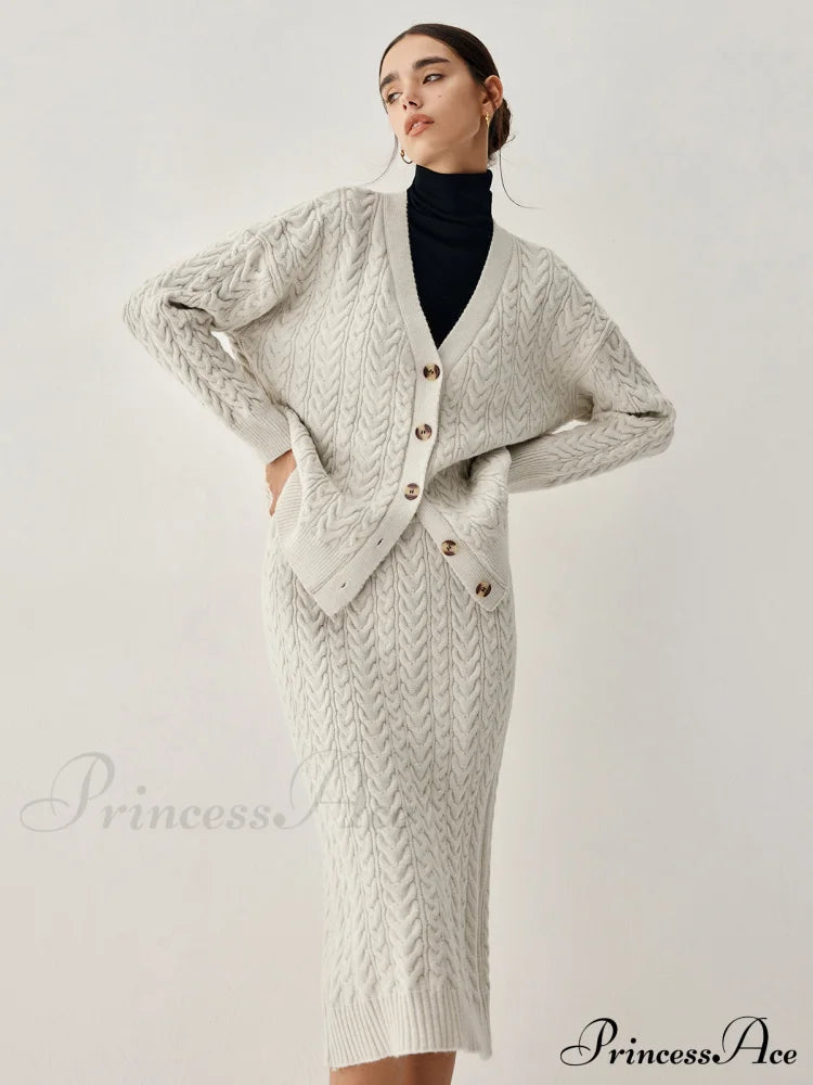 Cable Knit Cardigan With Matching Midi Skirt