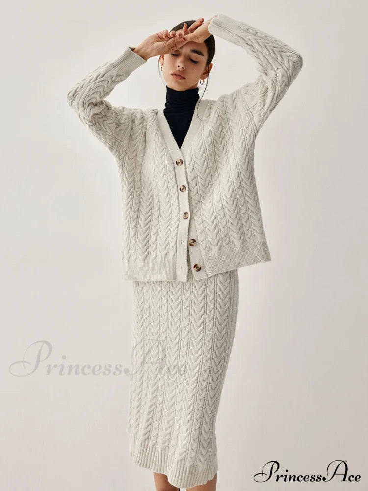 Cable Knit Cardigan With Matching Midi Skirt