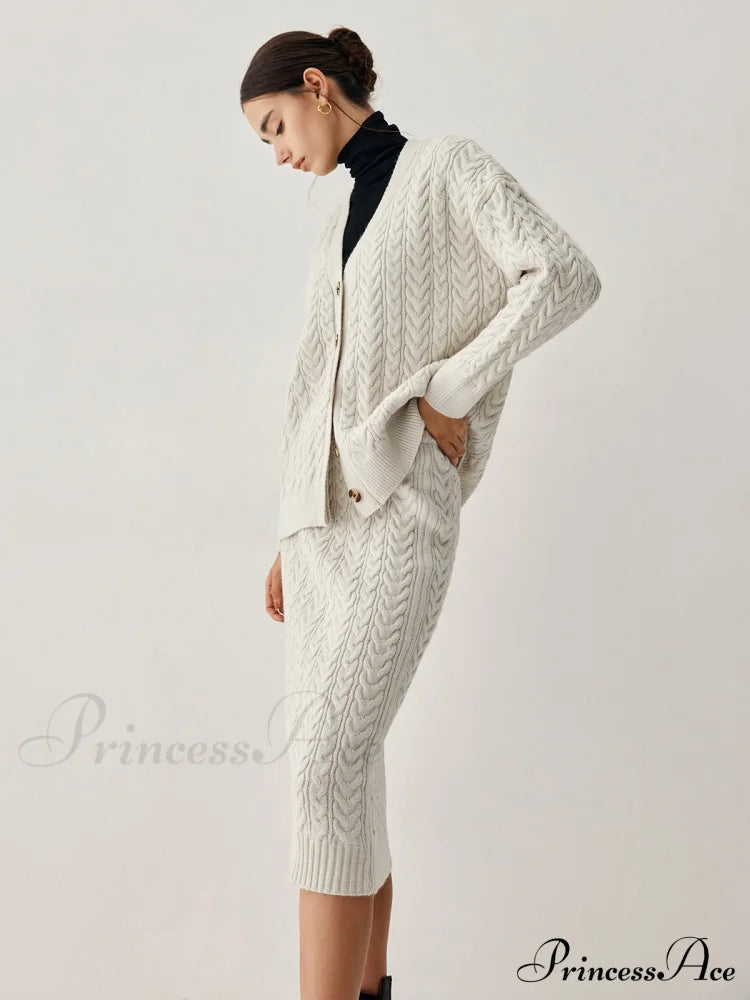 Cable Knit Cardigan With Matching Midi Skirt