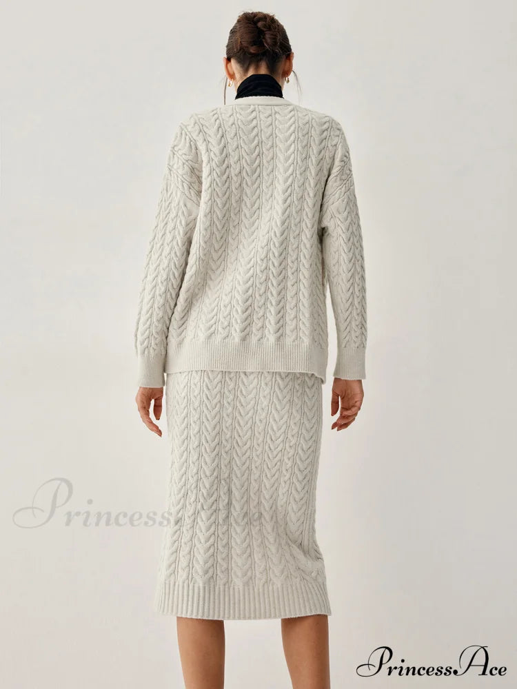 Cable Knit Cardigan With Matching Midi Skirt