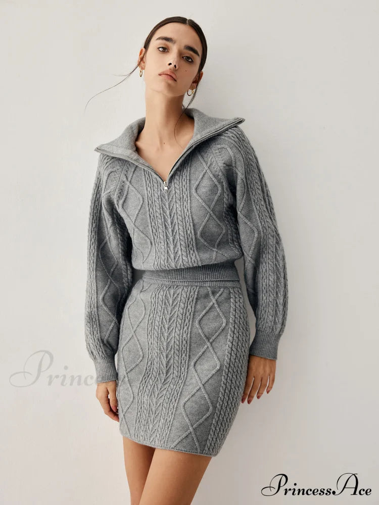 Cable Knit Open Collar Modern Cardigan With Matching Skirt