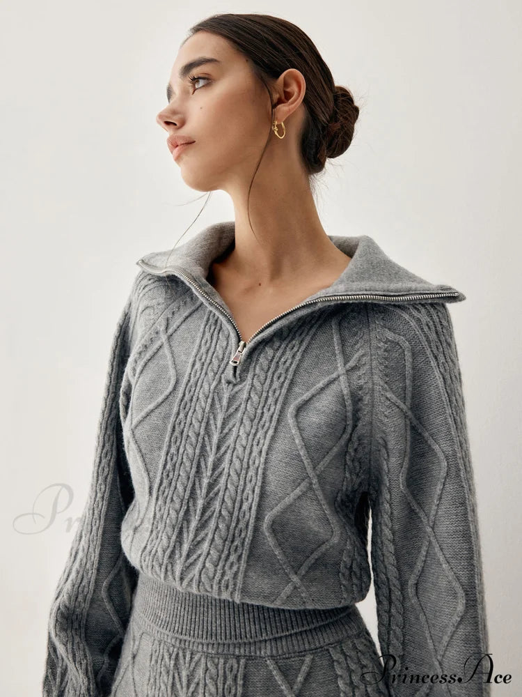 Cable Knit Open Collar Modern Cardigan With Matching Skirt