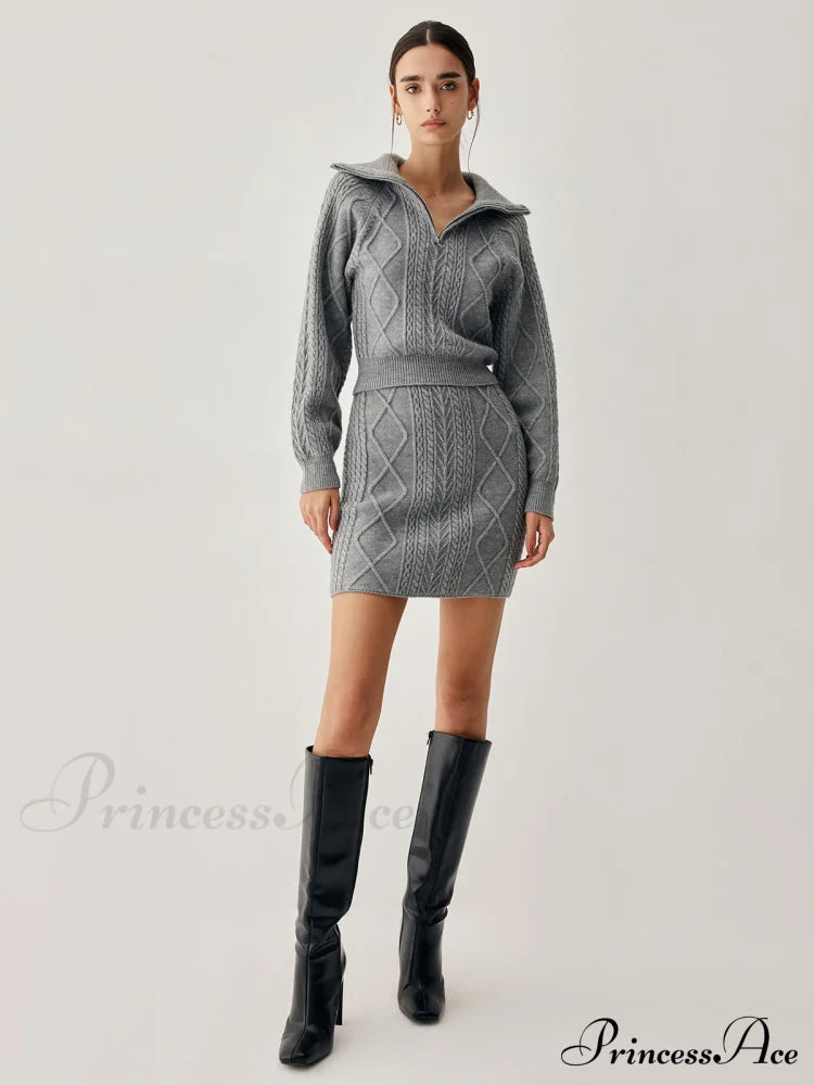 Cable Knit Open Collar Modern Cardigan With Matching Skirt