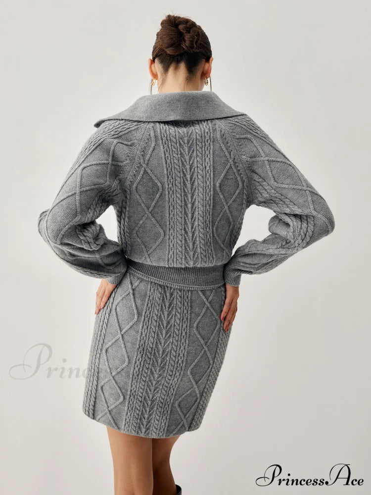 Cable Knit Open Collar Modern Cardigan With Matching Skirt