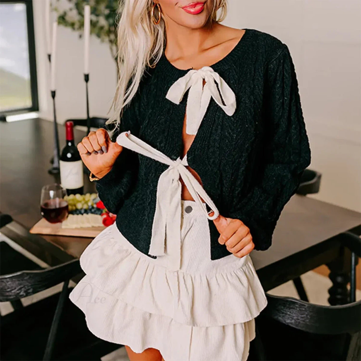 Cable Knit Split Front Bow Cardigan