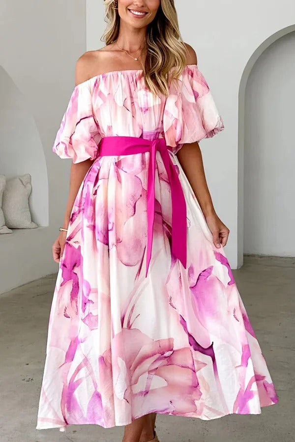 Print Puff Sleeve Tie-waist Midi Dress