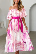 Print Puff Sleeve Tie-waist Midi Dress