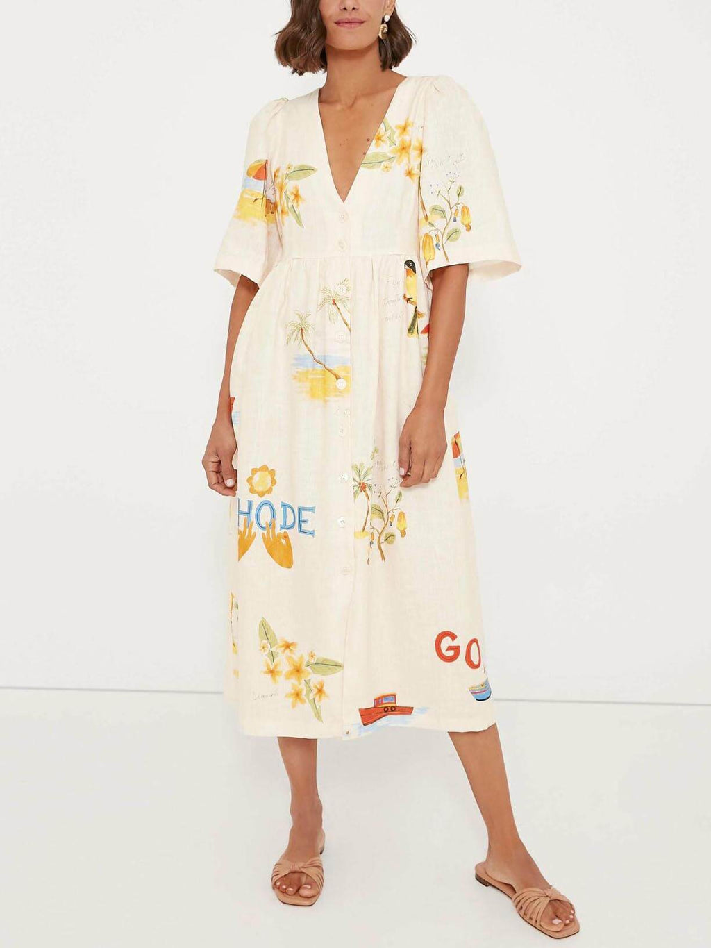 Folk Print Unique Holiday Puff Sleeve Midi Dress