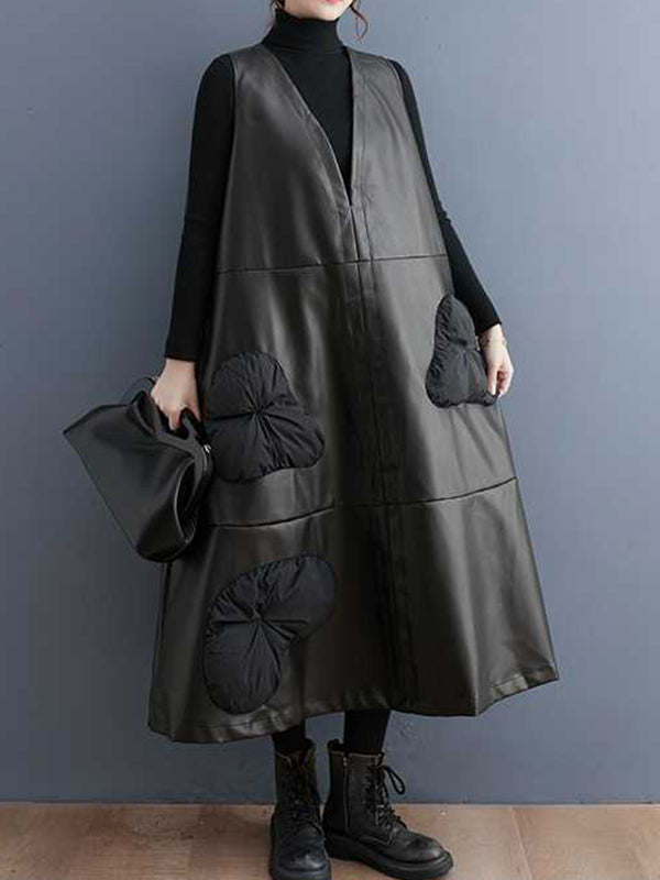 A-line Loose Flower-embellished Split-joint V-neck Midi Dresses