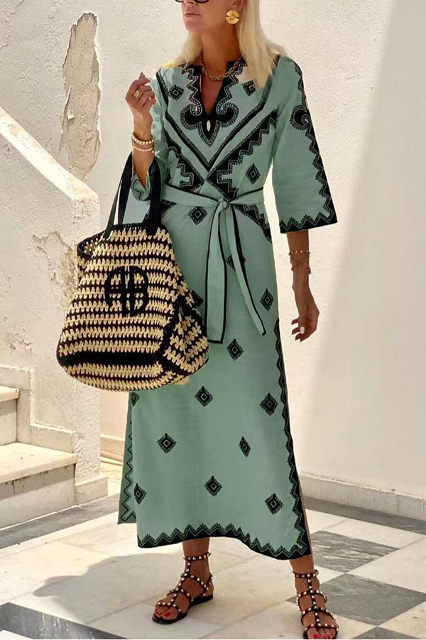 Quiet Atmosphere Linen Blend Print Belted Midi Dress