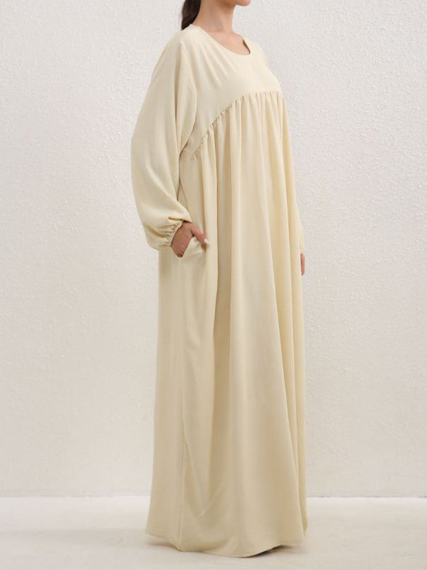 Long Sleeves Loose Pleated Color Split-joint Round-neck Maxi Dresses
