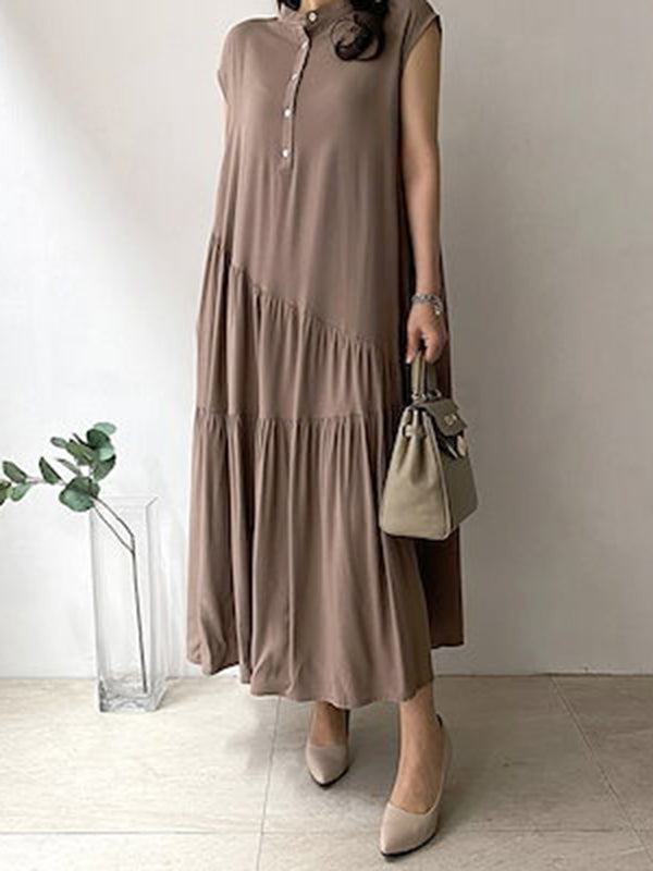 A-line Loose Buttoned Pleated Ruffled Color Split-joint Tiered Stand Collar Midi Dresses