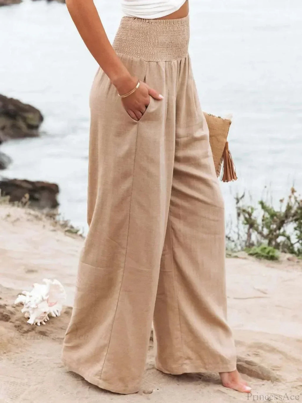 Elastic Waist Linen Wide Pants