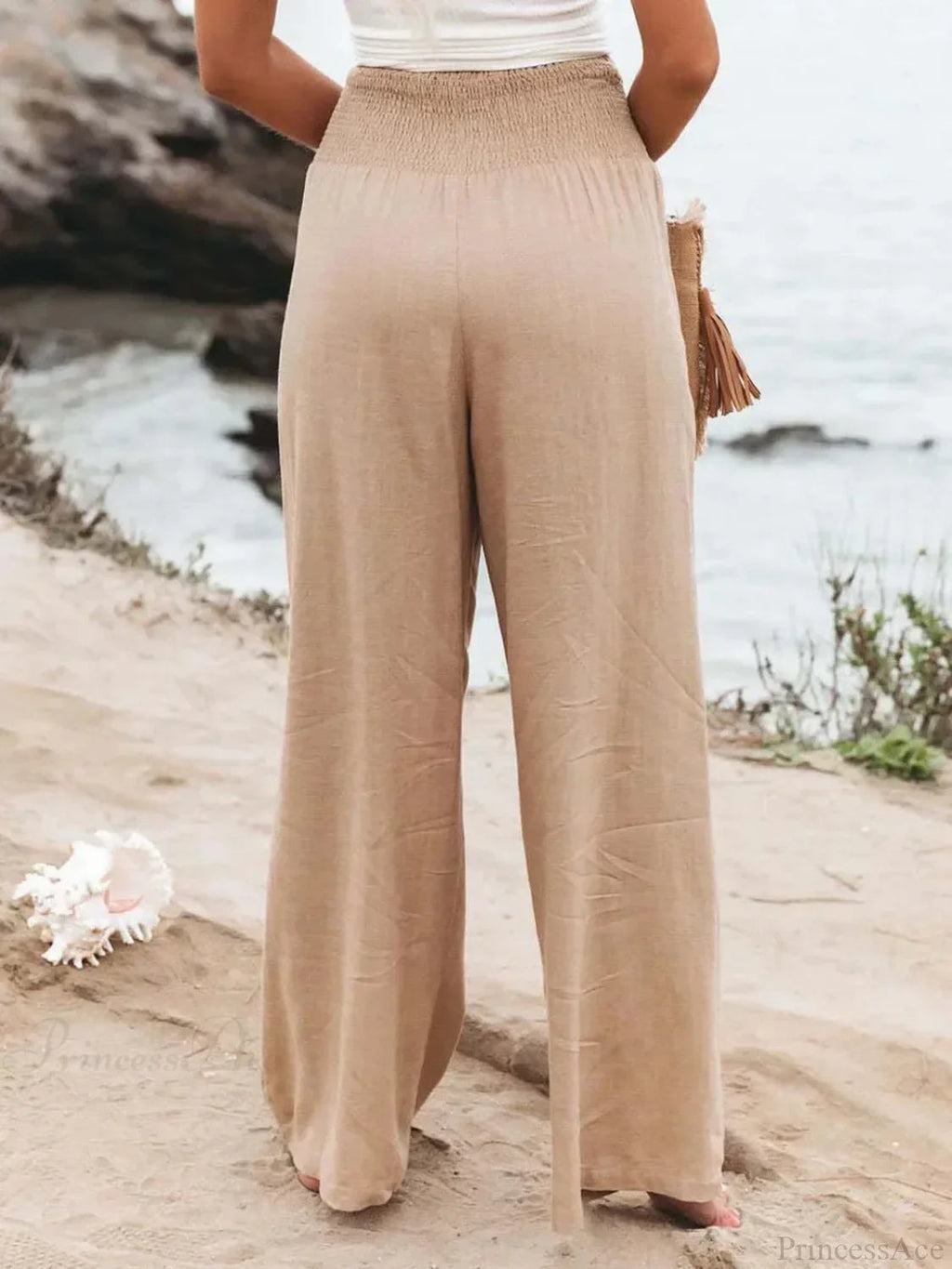 Elastic Waist Linen Wide Pants