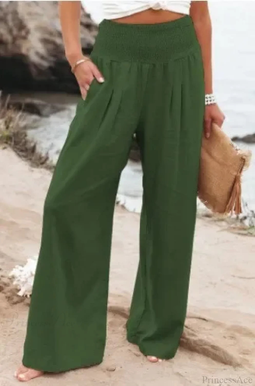 Elastic Waist Linen Wide Pants