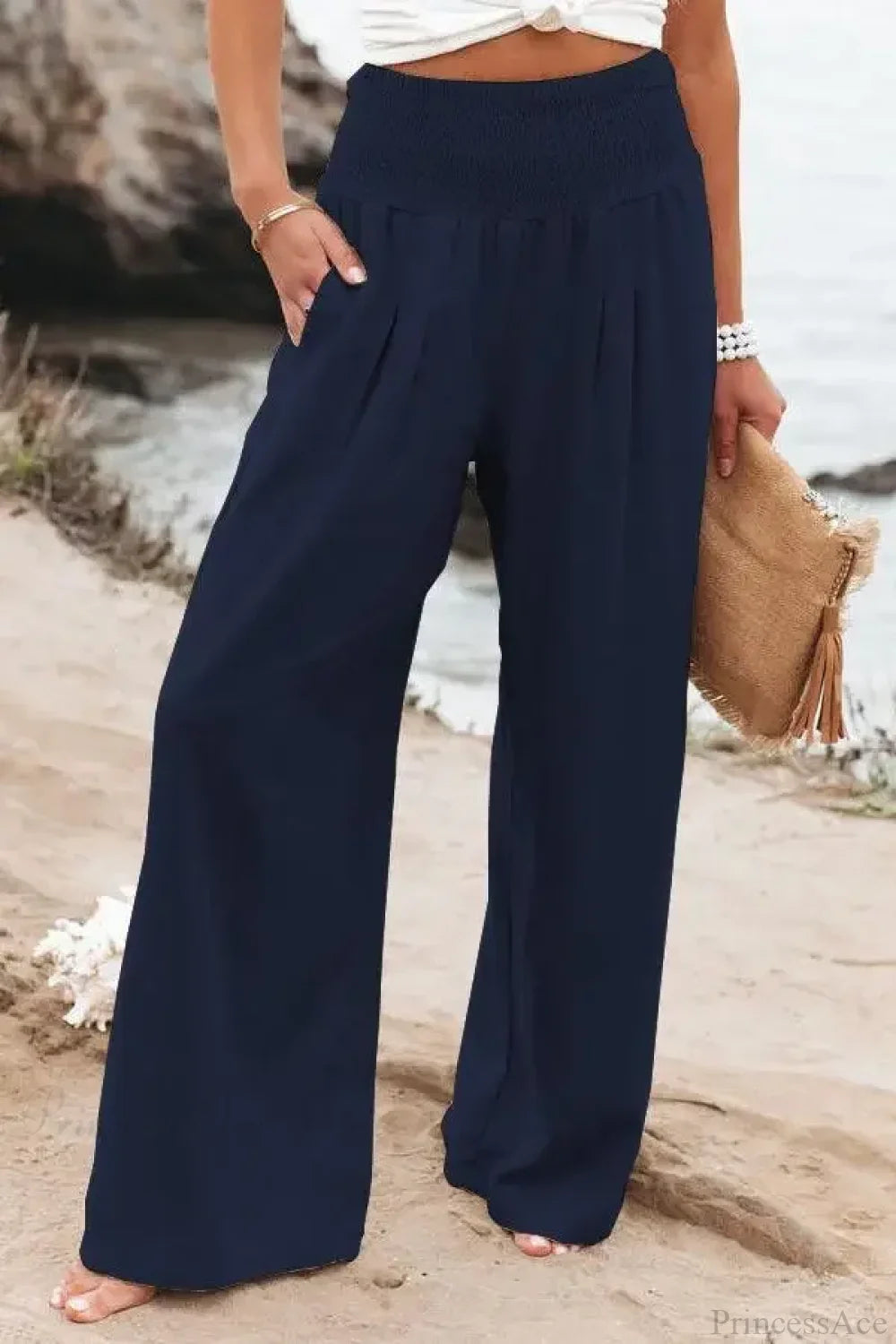Elastic Waist Linen Wide Pants