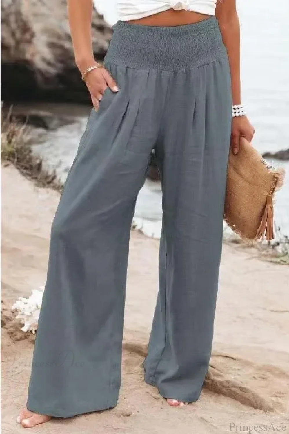 Elastic Waist Linen Wide Pants