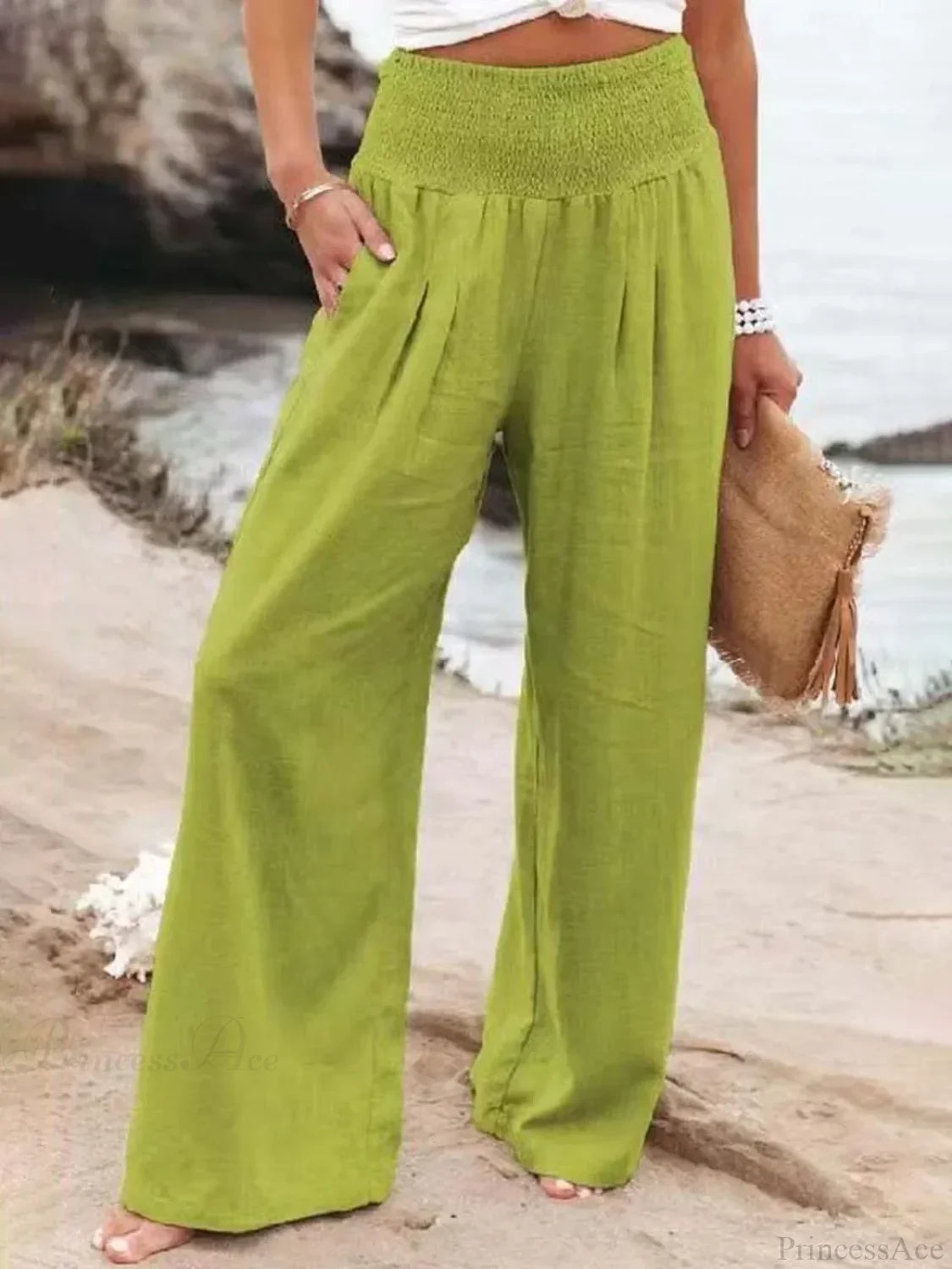Elastic Waist Linen Wide Pants