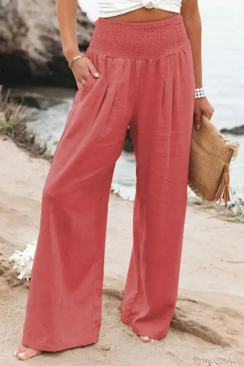 Elastic Waist Linen Wide Pants