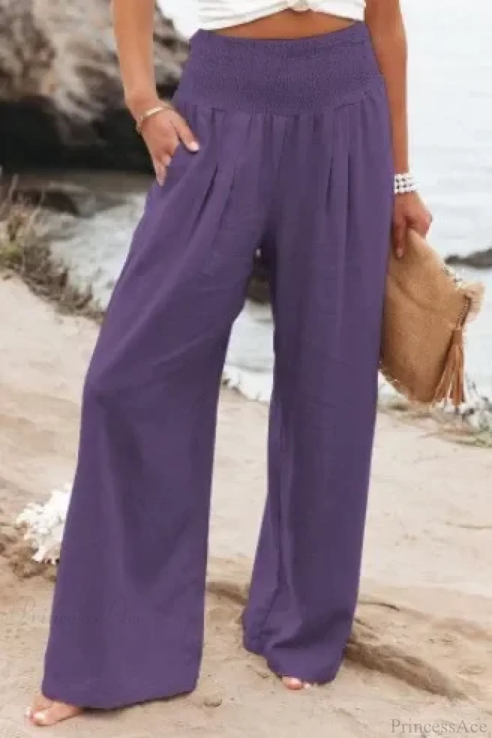 Elastic Waist Linen Wide Pants