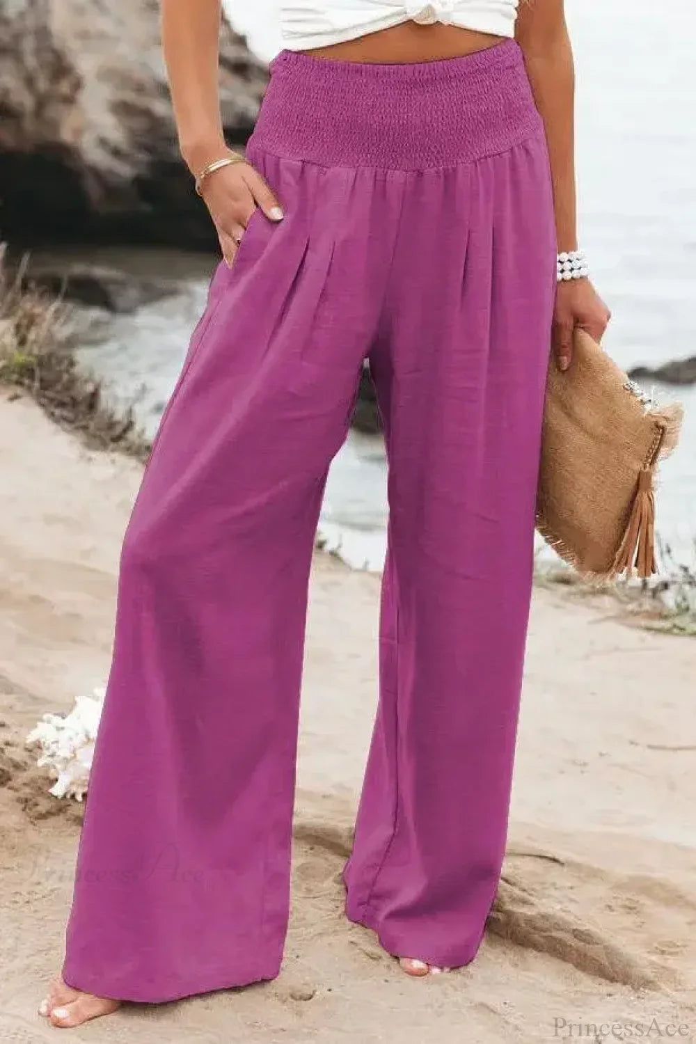 Elastic Waist Linen Wide Pants