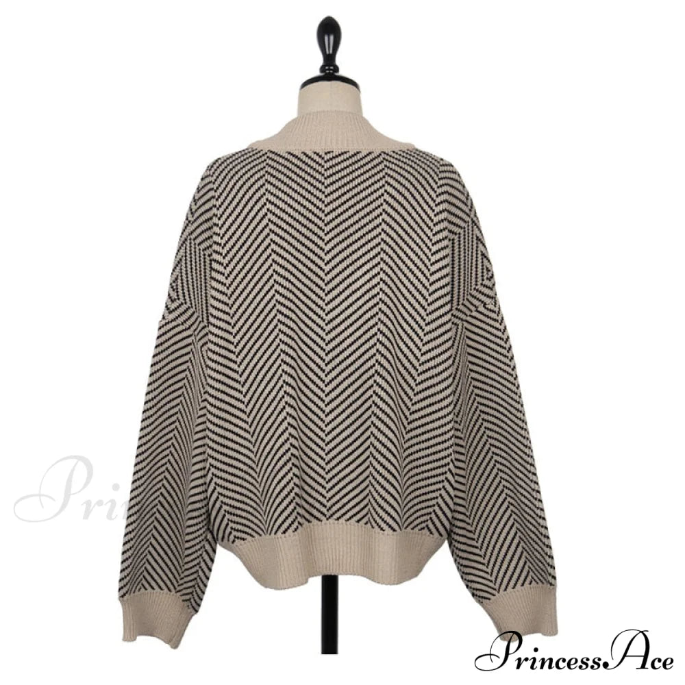 Knitted Cardigan Oversize Button Front Contrast Stripe Cardigan