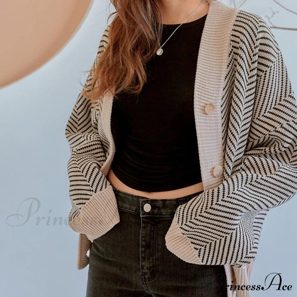 Knitted Cardigan Oversize Button Front Contrast Stripe Cardigan