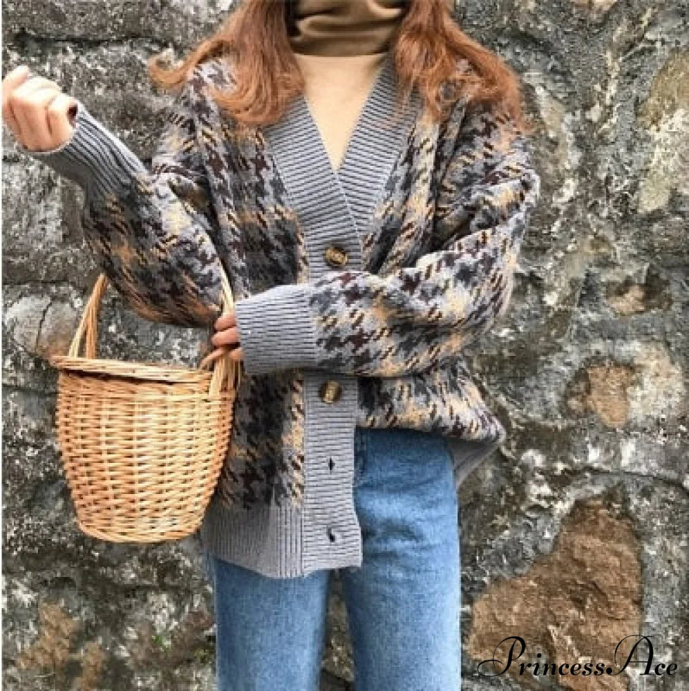 Knitted Cardigan Oversize Button Front Contrast Stripe Cardigan