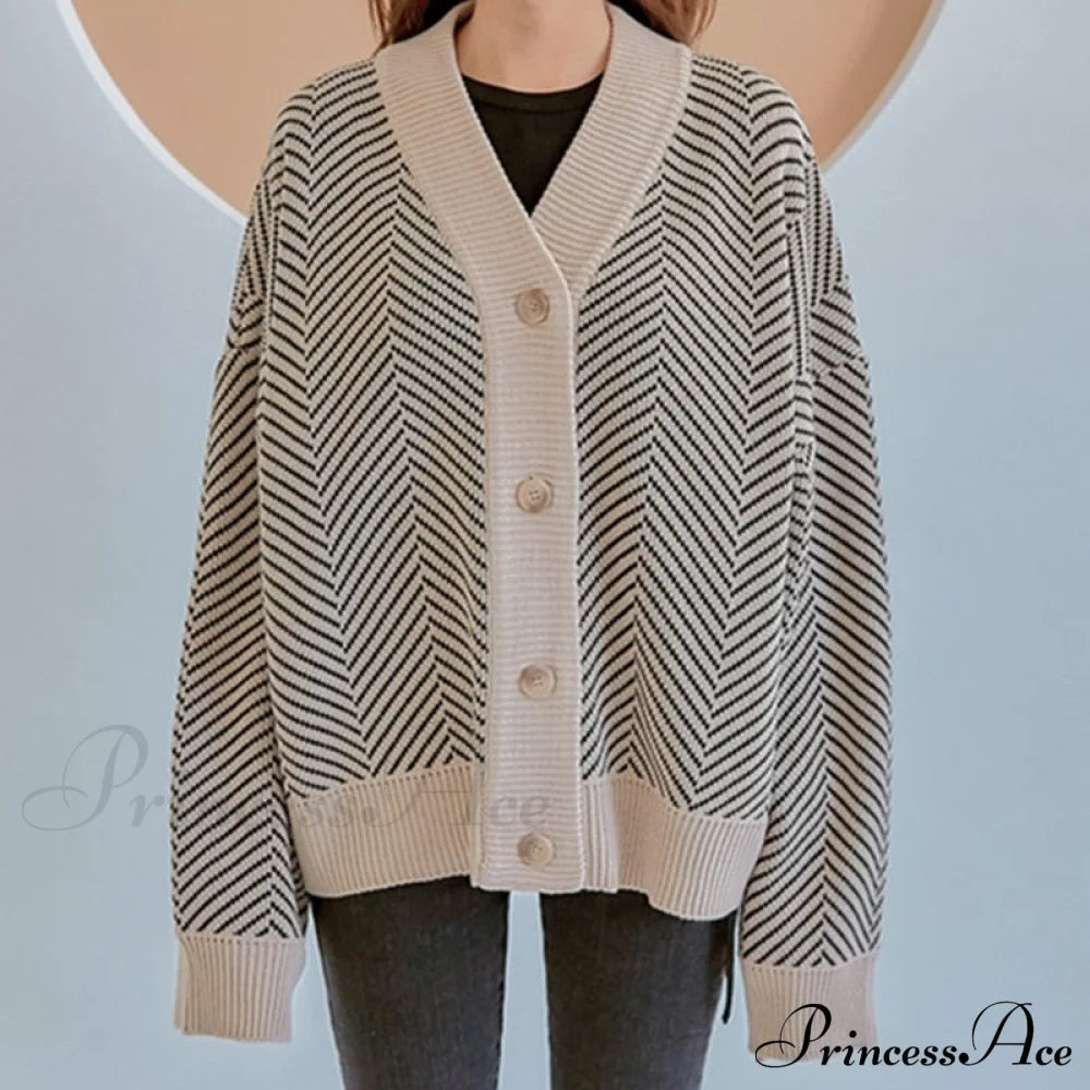 Knitted Cardigan Oversize Button Front Contrast Stripe Cardigan